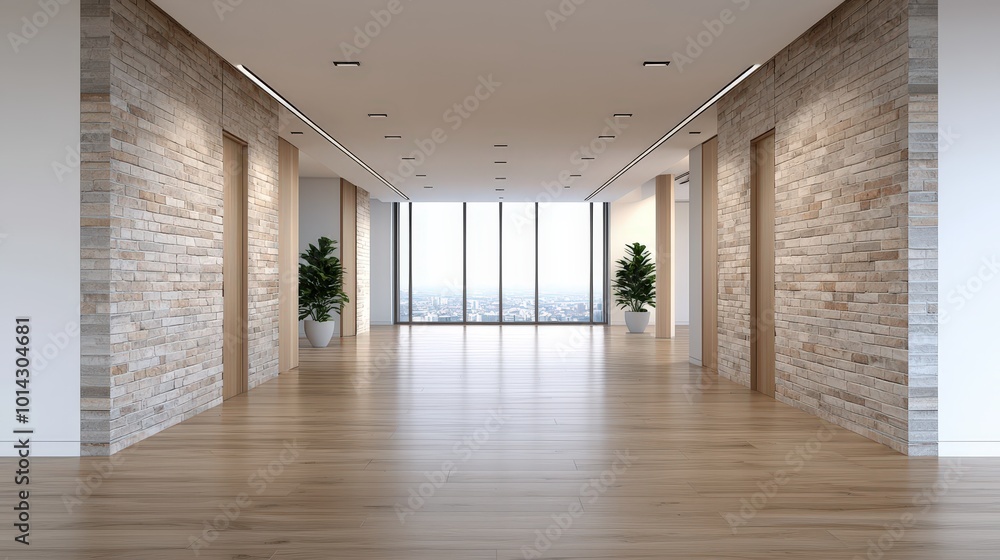 Obraz premium Modern Office Corridor with Brick Wall Wooden Floor and City View