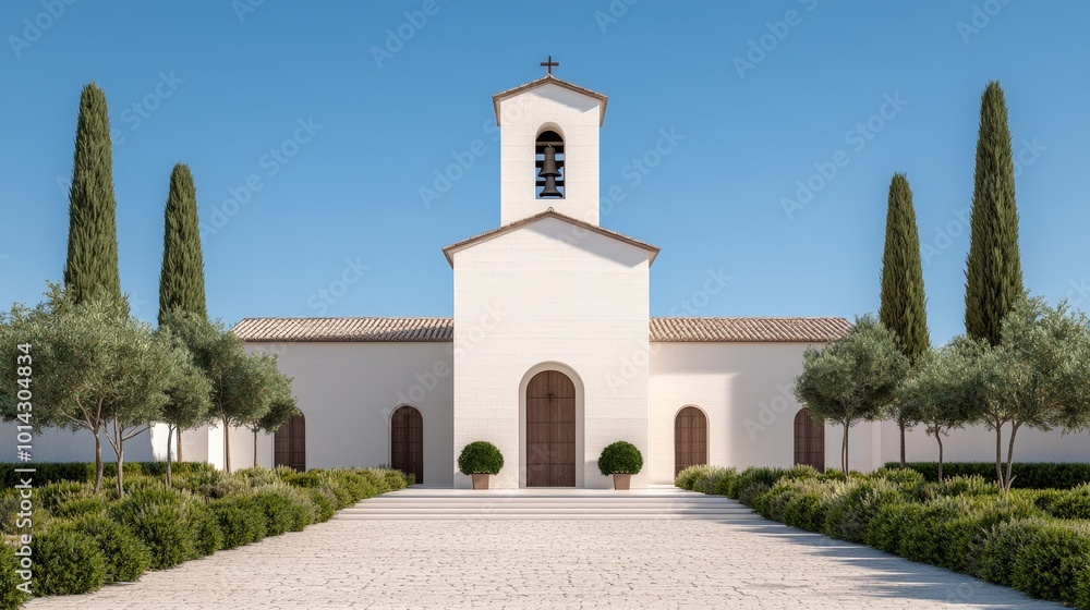 White Church with Cypress Trees and Stone Path Mediterranean Architecture White Church with Cypress Trees and Stone Path Mediterranean Architecture