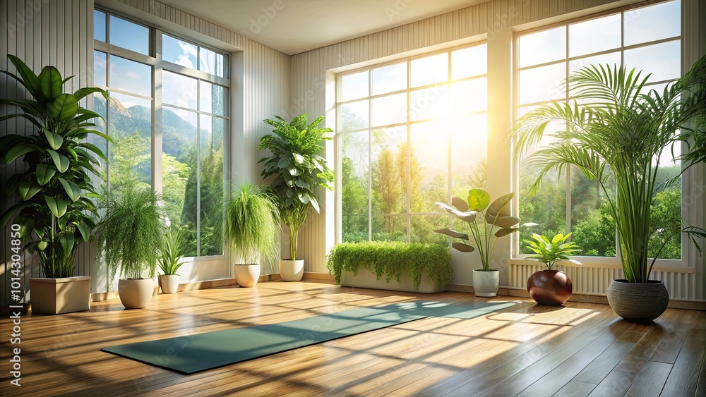 Sunlight Illuminates A Serene Indoor Space With A Green Yoga Mat Centered On The Wooden Floor, Surrounded By Lush Greenery And Windows Offering A View Of Nature Sunlight Illuminates A Serene Indoor Space With A Green Yoga Mat Centered On The Wooden Floor, Surrounded By Lush Greenery And Windows Offering A View Of Nature