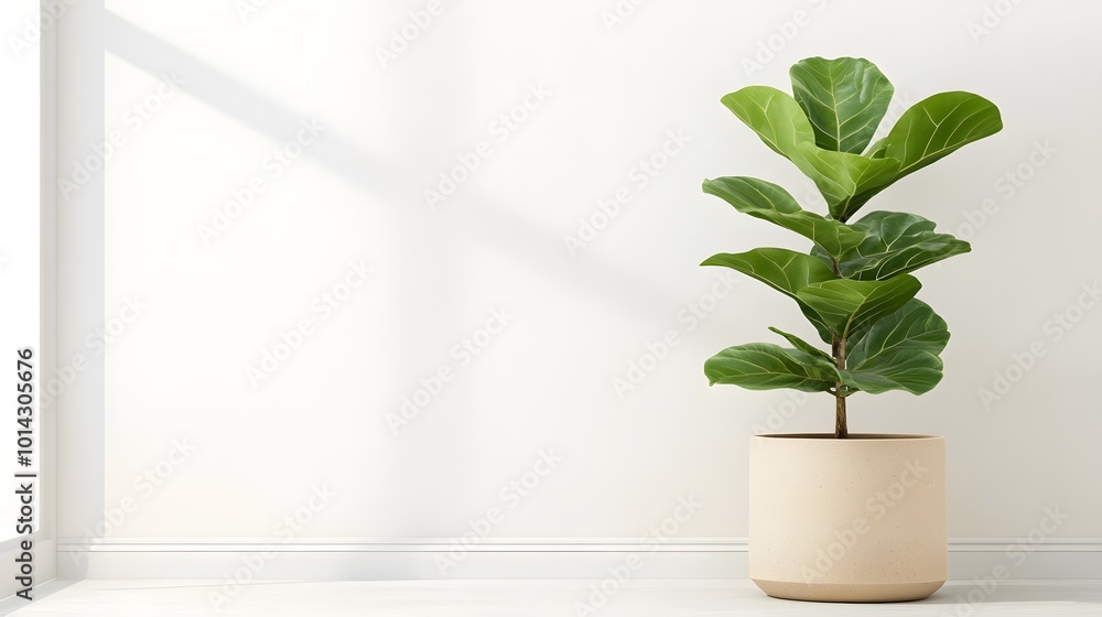 A potted fiddle leaf fig plant stands elegantly in a bright room, catching sunlight against a minimalist backdrop. A potted fiddle leaf fig plant stands elegantly in a bright room, catching sunlight against a minimalist backdrop.
