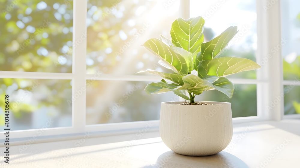 A bright green plant in a white pot sits on a table by a window, illuminated by soft sunlight, creating a serene indoor atmosphere. A bright green plant in a white pot sits on a table by a window, illuminated by soft sunlight, creating a serene indoor atmosphere.