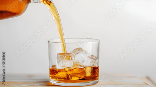 Pouring whiskey into a glass filled with ice cubes on a wooden surface, featuring a clean white background. photo