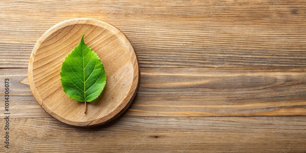 A solitary green leaf resting on a wooden platter against a backdrop of rustic woodgrain texture. A solitary green leaf resting on a wooden platter against a backdrop of rustic woodgrain texture.