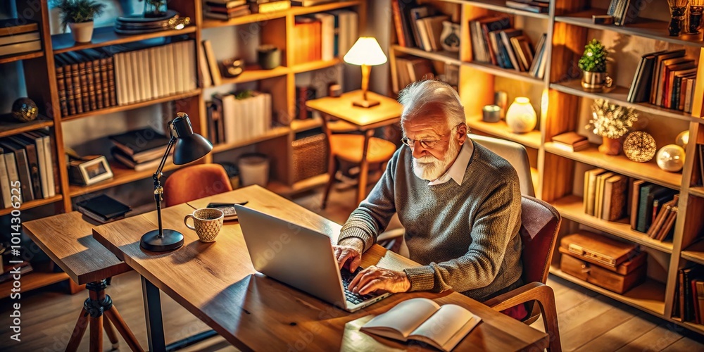 Old Man Using Computer at Home - Long Exposure Photography for Nostalgic Vibes Old Man Using Computer at Home - Long Exposure Photography for Nostalgic Vibes