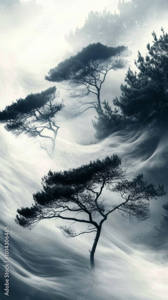 Obraz premium misty pine trees in foggy landscape, serene nature scene