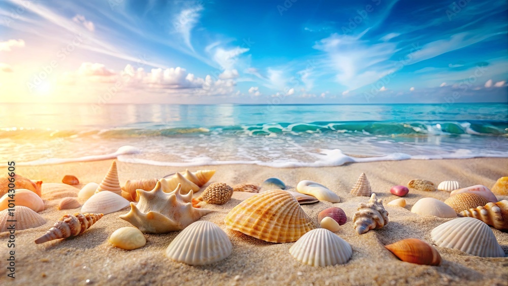 Seashells scattered on the beach, bathed in the warm glow of a summer sunrise, with the gentle lapping of the waves against the shore in the background. Seashells scattered on the beach, bathed in the warm glow of a summer sunrise, with the gentle lapping of the waves against the shore in the background.