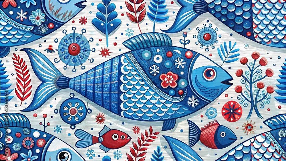 Naklejka premium Scandinavian Blue Fish Folk Art Pattern for Nautical Decor Background