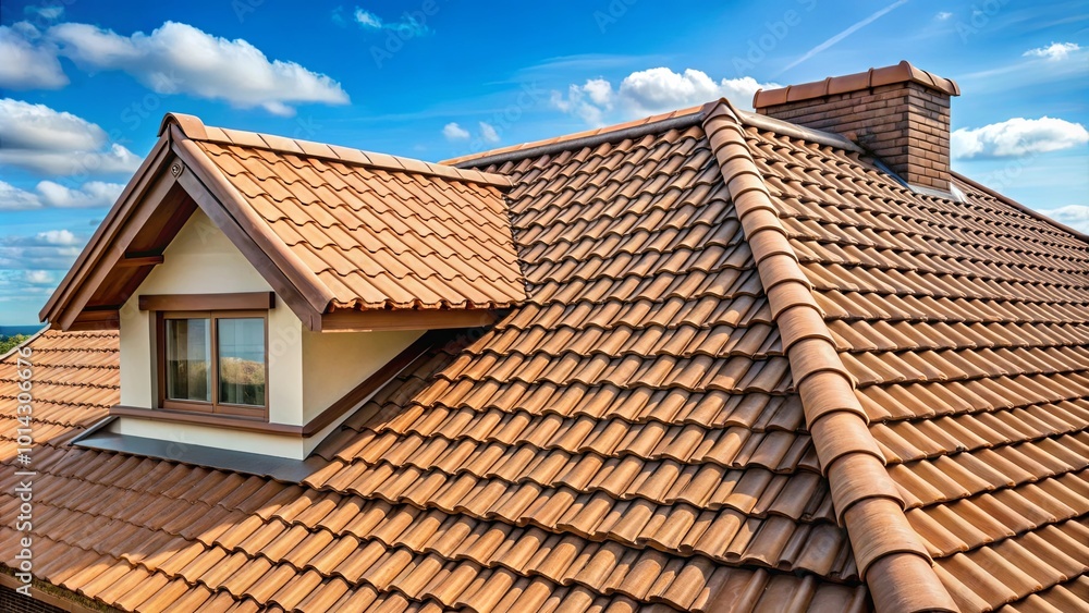 A newly constructed roof with clay tiles, featuring a dormer window and a chimney, set against a backdrop of a bright blue sky dotted with fluffy white clouds. A newly constructed roof with clay tiles, featuring a dormer window and a chimney, set against a backdrop of a bright blue sky dotted with fluffy white clouds.