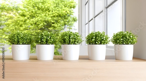 A serene display of small potted plants on a windowsill, brightening the indoor space with greenery and natural light.