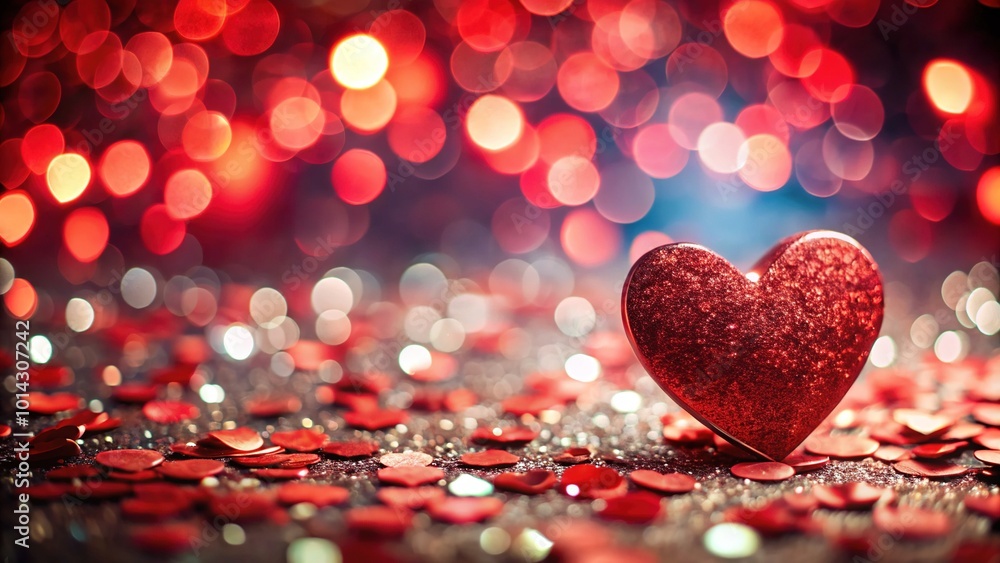 Fototapeta premium Stunning Valentine's Day Background with Red Metallic Heart Confetti for Festive Celebrations