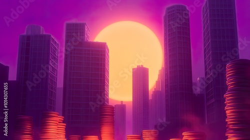 Wallpaper Mural Urban skyline with sunset and stacks of coins. Torontodigital.ca