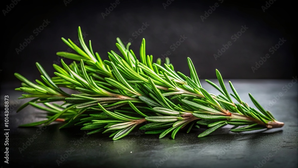 Aromatic Sprigs of Fresh Rosemary Resting on a Smooth Black Surface Aromatic Sprigs of Fresh Rosemary Resting on a Smooth Black Surface