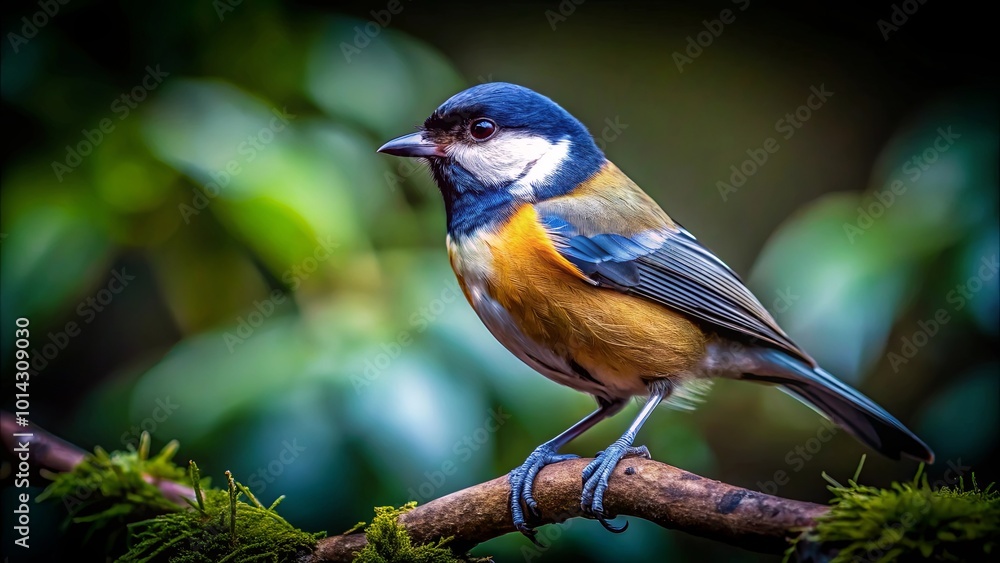 Fototapeta premium A Tiny Bird Perched on a Branch with Moss, Its Vivid Blue, Yellow, and White Feathers Stand Out Against the Lush Green Background