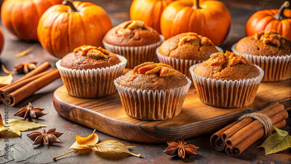 Golden Pumpkin Spice Muffins on a Rustic Wooden Board with Star Anise and Cinnamon Sticks Golden Pumpkin Spice Muffins on a Rustic Wooden Board with Star Anise and Cinnamon Sticks