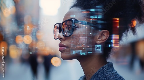A woman wearing glasses stands in the middle of a city street. Her face is overlayed with a digital interface, representing the increasing importance of technology in everyday life.