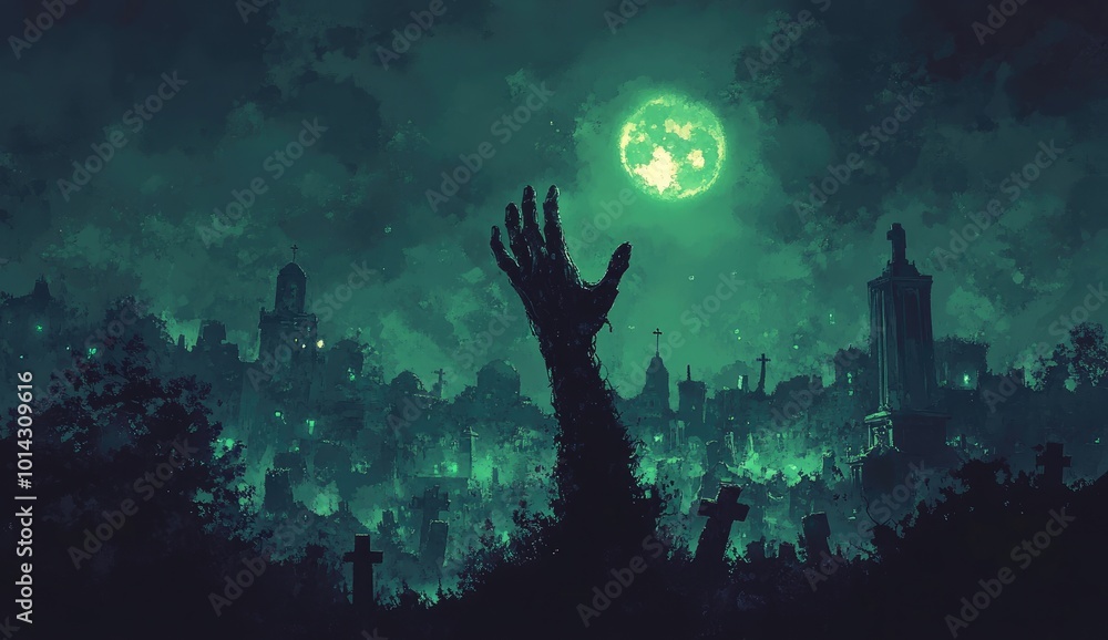 Fototapeta premium Zombie Hand Emerging from Graveyard on a Spooky Night