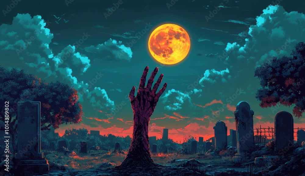 Fototapeta premium Zombie Hand Emerging from Graveyard on a Spooky Night