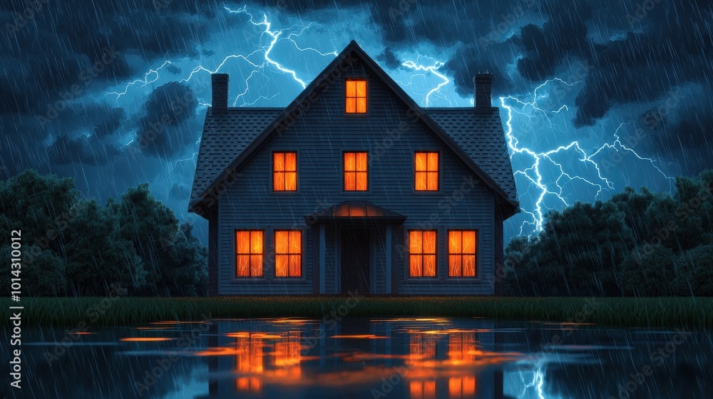 Dramatic Lightning Storm Over House with Glowing Windows and Reflections in Puddles Dramatic Lightning Storm Over House with Glowing Windows and Reflections in Puddles