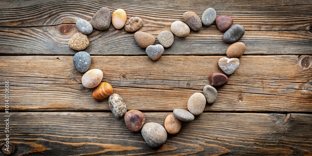 A heart shape made from natural stones resting on weathered wooden planks A heart shape made from natural stones resting on weathered wooden planks