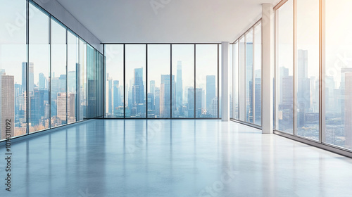 Modern empty interior with panoramic city views during sunset in urban skyscraper