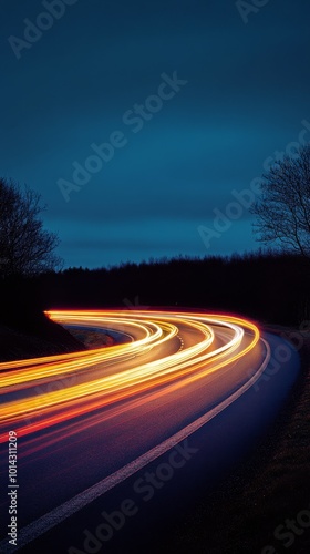 Long exposure of car light trails on a winding road at night