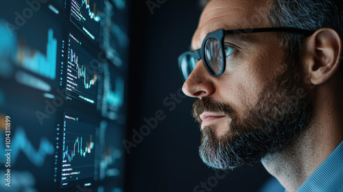 A corporate executive expressing focus while visualizing future possibilities on a techpowered digital dashboard, Focused professional analyzing digital data trends on a futuristic screen photo