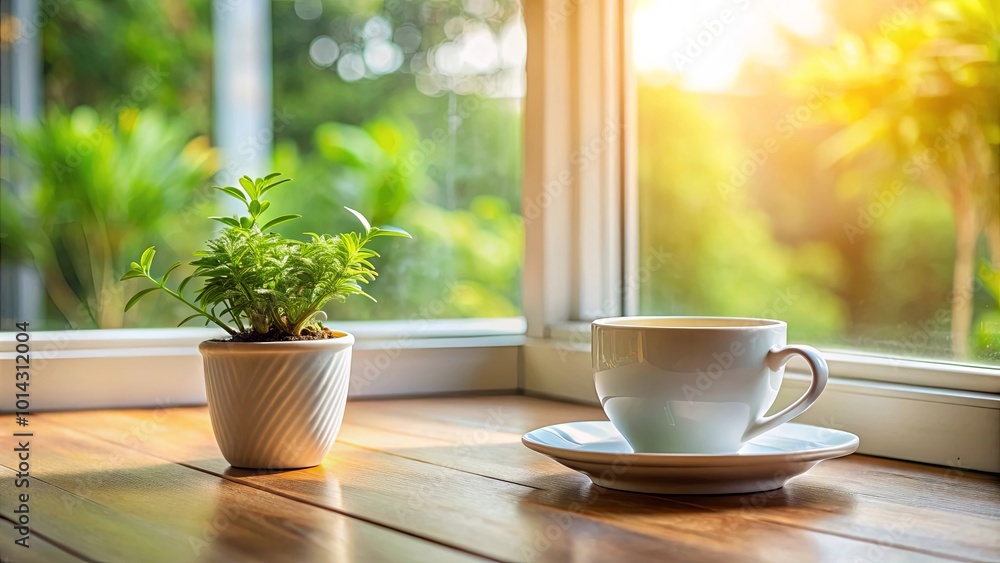 Morning Light Illuminates a Simple Tabletop with a Coffee Cup and a Small Potted Plant, Reflecting a Quiet and Tranquil Moment Morning Light Illuminates a Simple Tabletop with a Coffee Cup and a Small Potted Plant, Reflecting a Quiet and Tranquil Moment