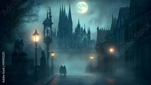 Wallpaper Mural Halloween dark eerie gothic city street night street lamps wizard witch tower buildings cathedral castle mysterious full moon haunted Victorian-era horror, church religion history historical magic  Torontodigital.ca