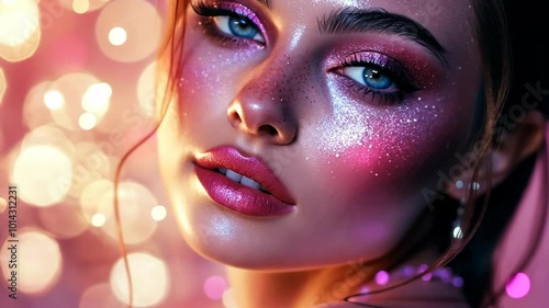 A woman with a pink and glitter makeup look poses in front of a blurred background of pink and white lights