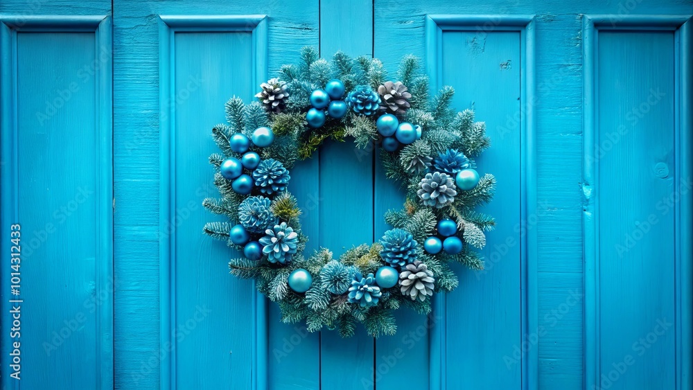 Frosted Evergreen Wreath Adorned with Blue Ornaments and Pinecones on a Vibrant Blue Wooden Door Frosted Evergreen Wreath Adorned with Blue Ornaments and Pinecones on a Vibrant Blue Wooden Door