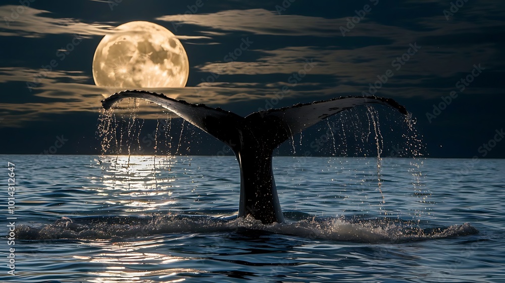 Fototapeta premium Whale tail under a glowing full moon at sea, JPG