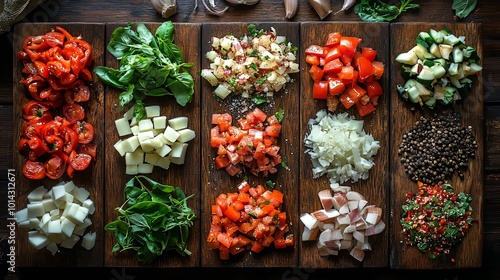 Assortment of Chopped Vegetables and Spices on Wooden Cutting Boards