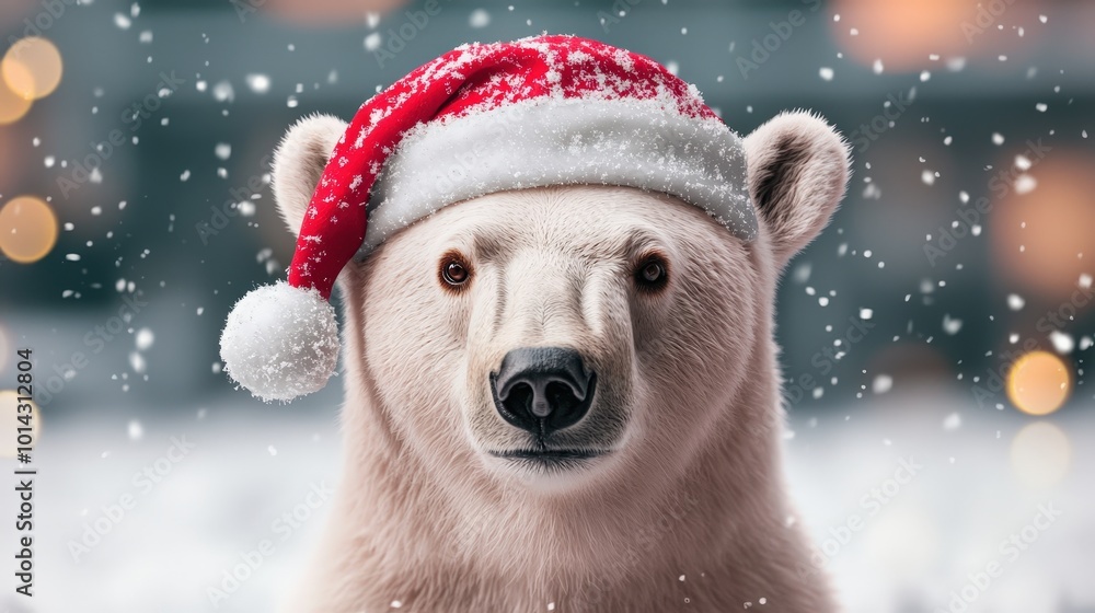 Festive Polar Bear in Santa Hat with Snowfall and Lights Festive Polar Bear in Santa Hat with Snowfall and Lights
