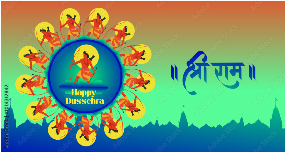 Naklejka premium Happy Dussehra festival of India, illustration of Lord Rama killing Ravana in Dussehra Navratri festival of India poster
