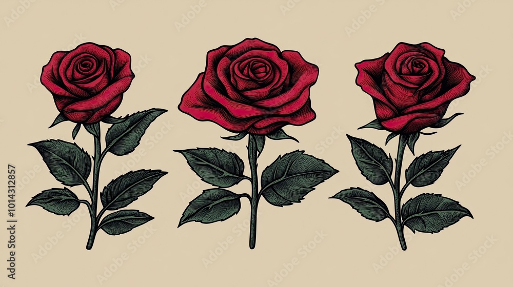 Three red roses with green leaves and stems on a beige background. Three red roses with green leaves and stems on a beige background.