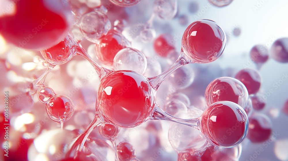 Abstract 3D Molecular Structure: Red Spheres and Glass Bonds Abstract 3D Molecular Structure: Red Spheres and Glass Bonds