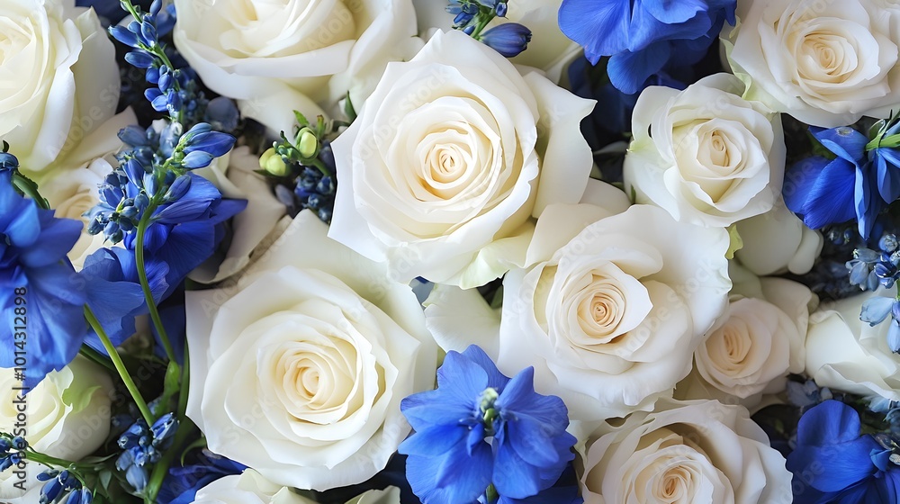 Obraz premium A bouquet of white roses interspersed with blue delphiniums