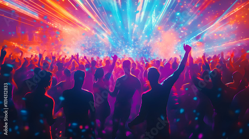 Wallpaper Mural nightclub club concert party young people crowd dancing celebration celebrate colorful lighting blue red beams spotlights silhouettes, lively energetic excitement excited freedom atmosphere enjoyment Torontodigital.ca