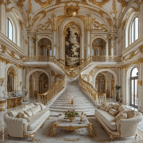 Grand Palace Interior with Gold Accents and Marble Staircase