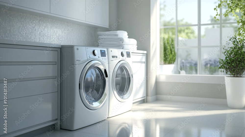 Bright and modern laundry room with white appliances and neatly stacked towels during daytime Bright and modern laundry room with white appliances and neatly stacked towels during daytime