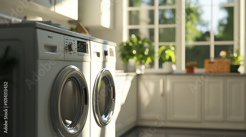 Wallpaper Mural Bright and airy laundry room featuring modern washing machines and natural light Torontodigital.ca