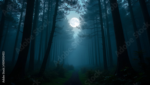 Mysterious forest pathway illuminated by full moon at night