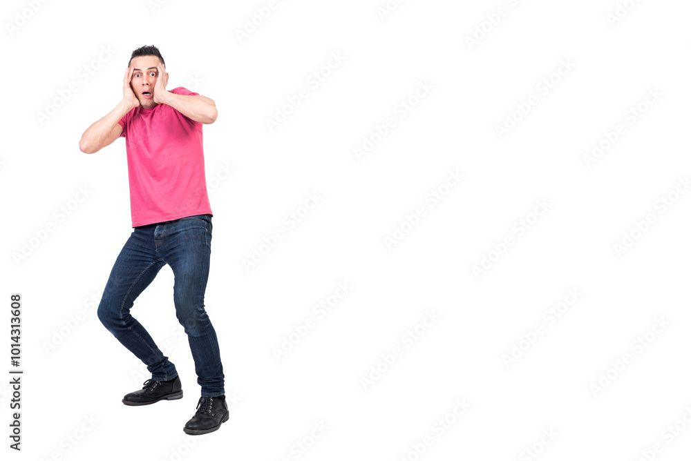 Scared man touching head and looking at camera Scared man touching head and looking at camera