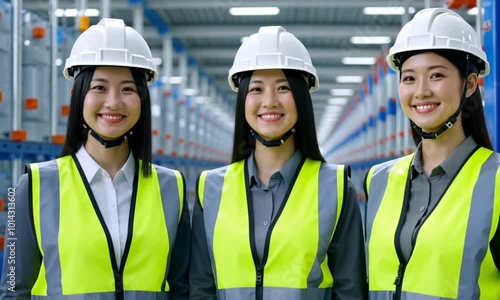 Three beautiful Asian women wearing white helmets and safety vests are standing and smiling while in a factory