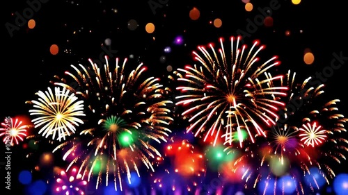 Multiple colorful fireworks explode in the night sky, creating a dazzling display of light and color against a backdrop of bokeh.