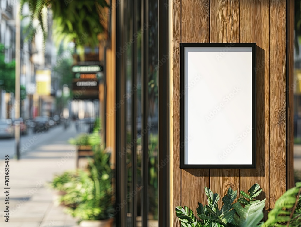 Blank storefront sign on a lively city street Blank storefront sign on a lively city street