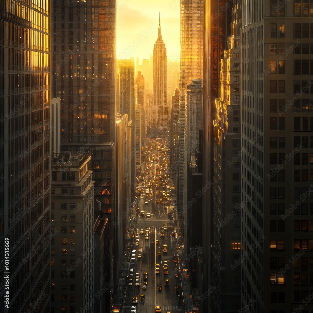 A stunning view of a bustling cityscape at sunset. The iconic skyscrapers frame the scene as golden light reflects off the buildings. Perfect for urban exploration and travel themes. AI A stunning view of a bustling cityscape at sunset. The iconic skyscrapers frame the scene as golden light reflects off the buildings. Perfect for urban exploration and travel themes. AI