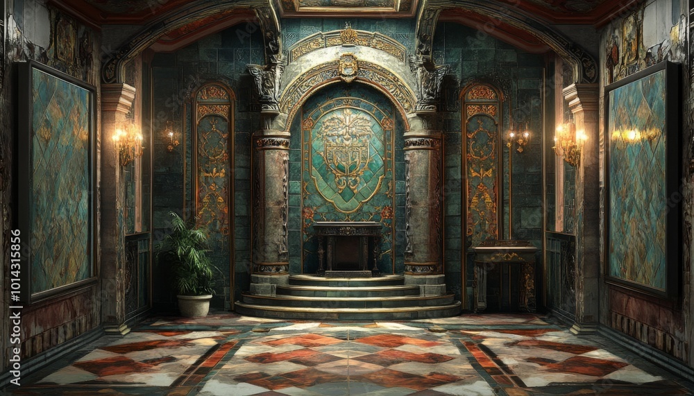Obraz premium Ornate room with a grand fireplace and tiled floor.