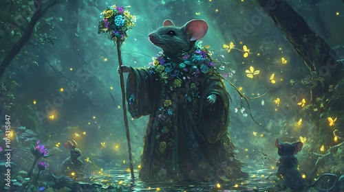 Mystical Mouse Druid Commanding Ethereal Fireflies and Water Spirits in Enchanted Forest Scene