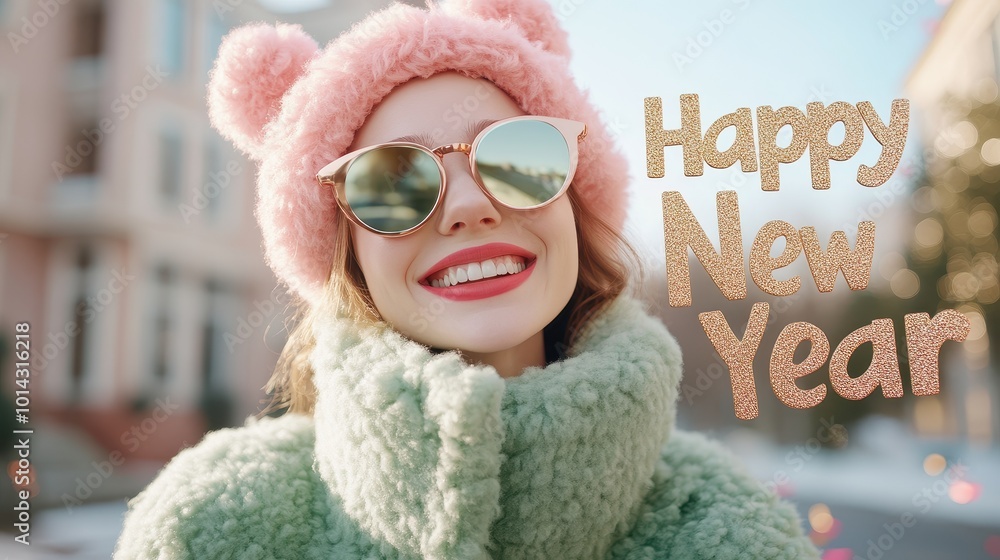 Joyful New Year with Soft Pink Fuzzy Hat and Gold Glowing Text on Mint Green Backdrop Joyful New Year with Soft Pink Fuzzy Hat and Gold Glowing Text on Mint Green Backdrop